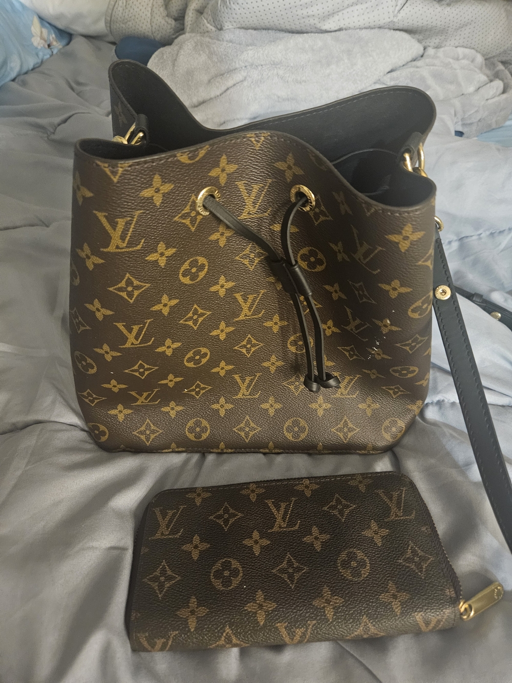 Brown Monogram Bucket Bag with Matching Wallet